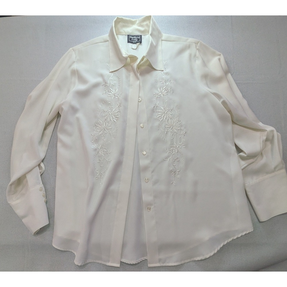 Southern Lady Blouse Women 16P Cream Excellent Floral Embroidered Button Front
